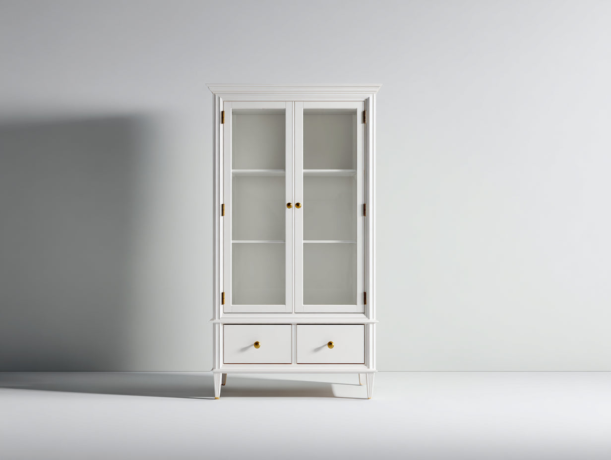 Vitrine - Bois-Verre-Métal - 82x40x190 cm - Blanc-Doré - Style classique