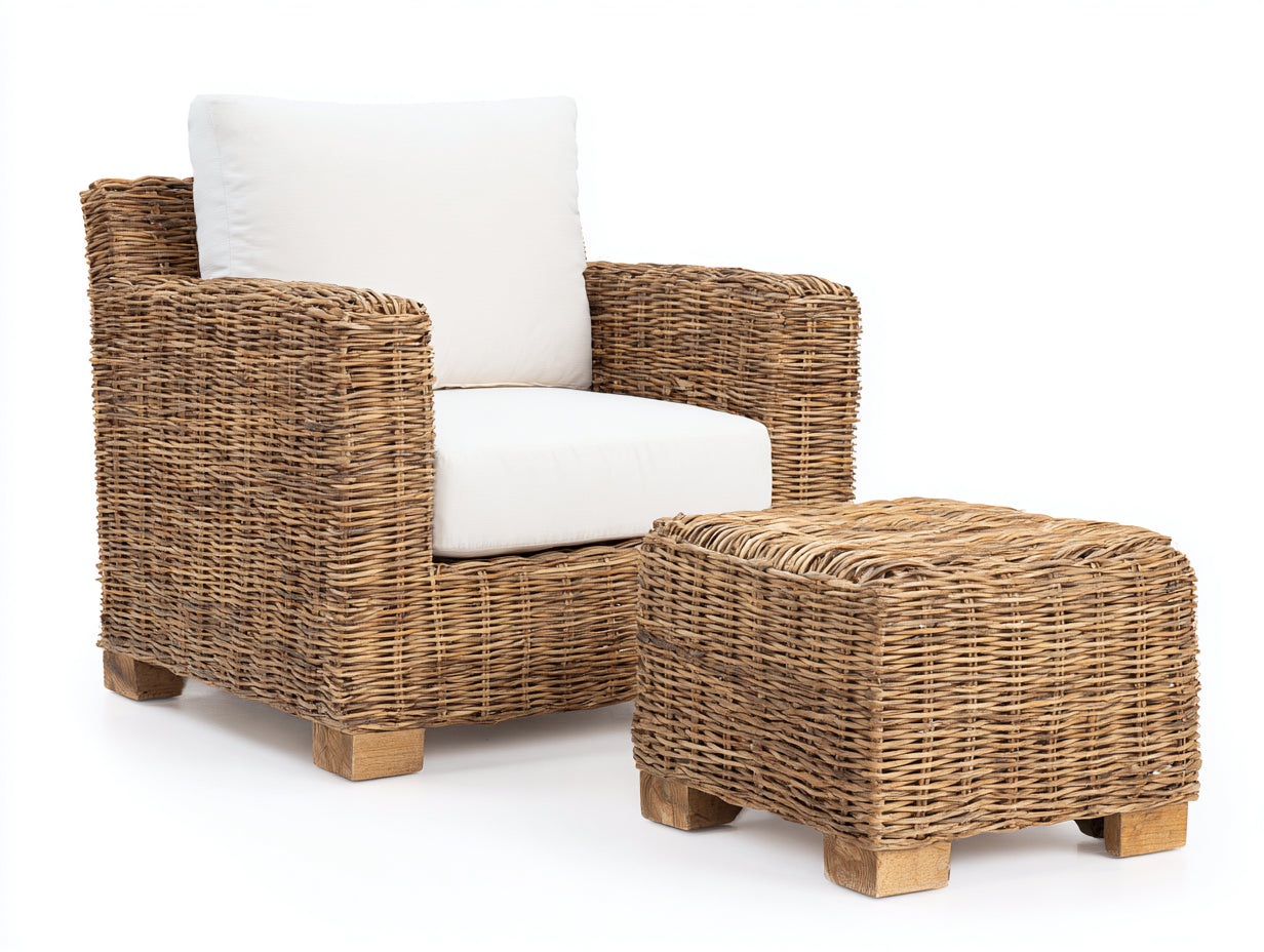 Fauteuil de jardin - rotin-bois-tissu - 83x80x87 cm - naturel-blanc - artisanal