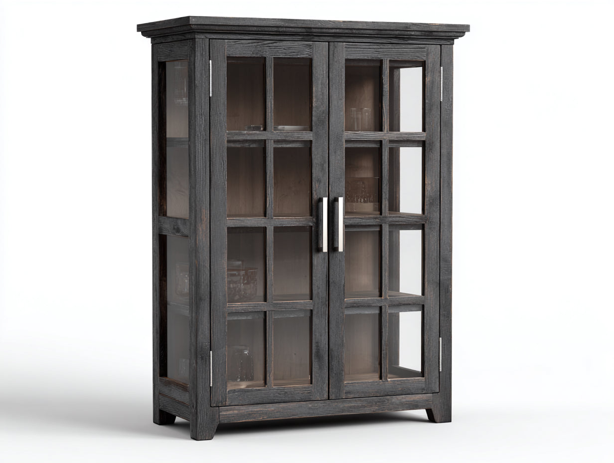 Vitrine - Bois-Verre-Métal - 105x42x155 cm - Brun noir-Naturel - Style rustique