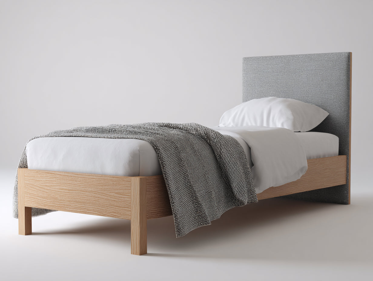 Lit simple - bois - tissu - 206x96x102 cm - bois clair-gris - style moderne