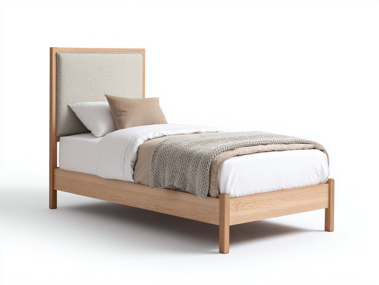 Lit simple - bois - tissu - 206x99x101 cm - bois clair-beige - style naturel