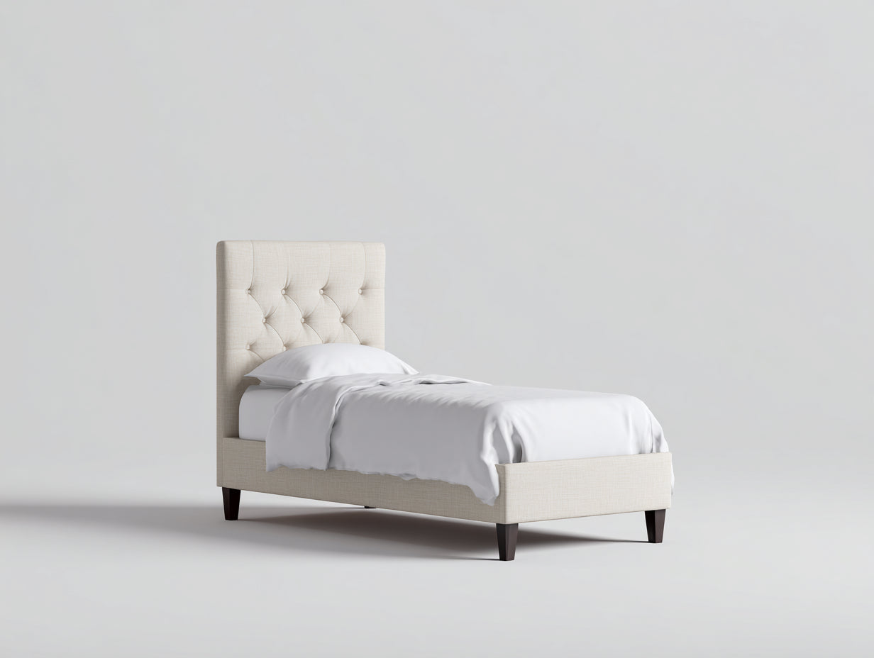 Lit simple - tissu - bois - 205x99x112 cm - beige-brun foncé - style classique