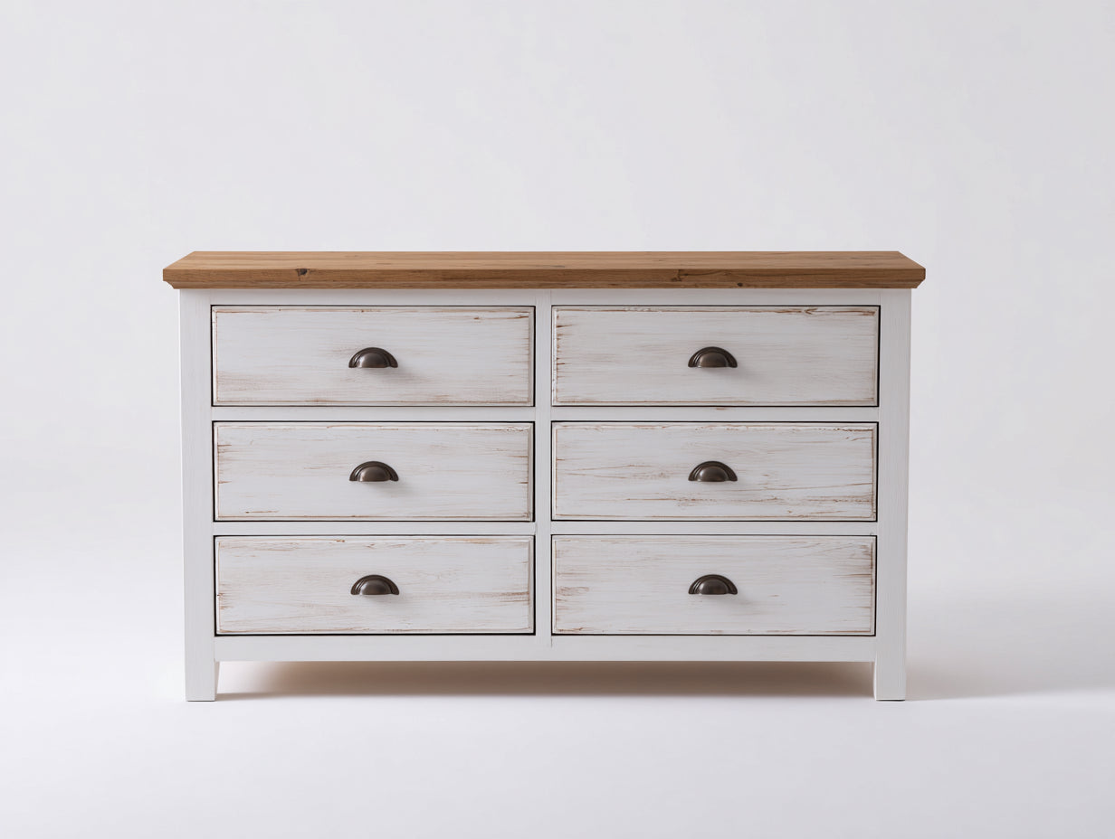 Commode - Bois-Métal - 125x43x78 cm - Blanc-Naturel - Style maison de campagne