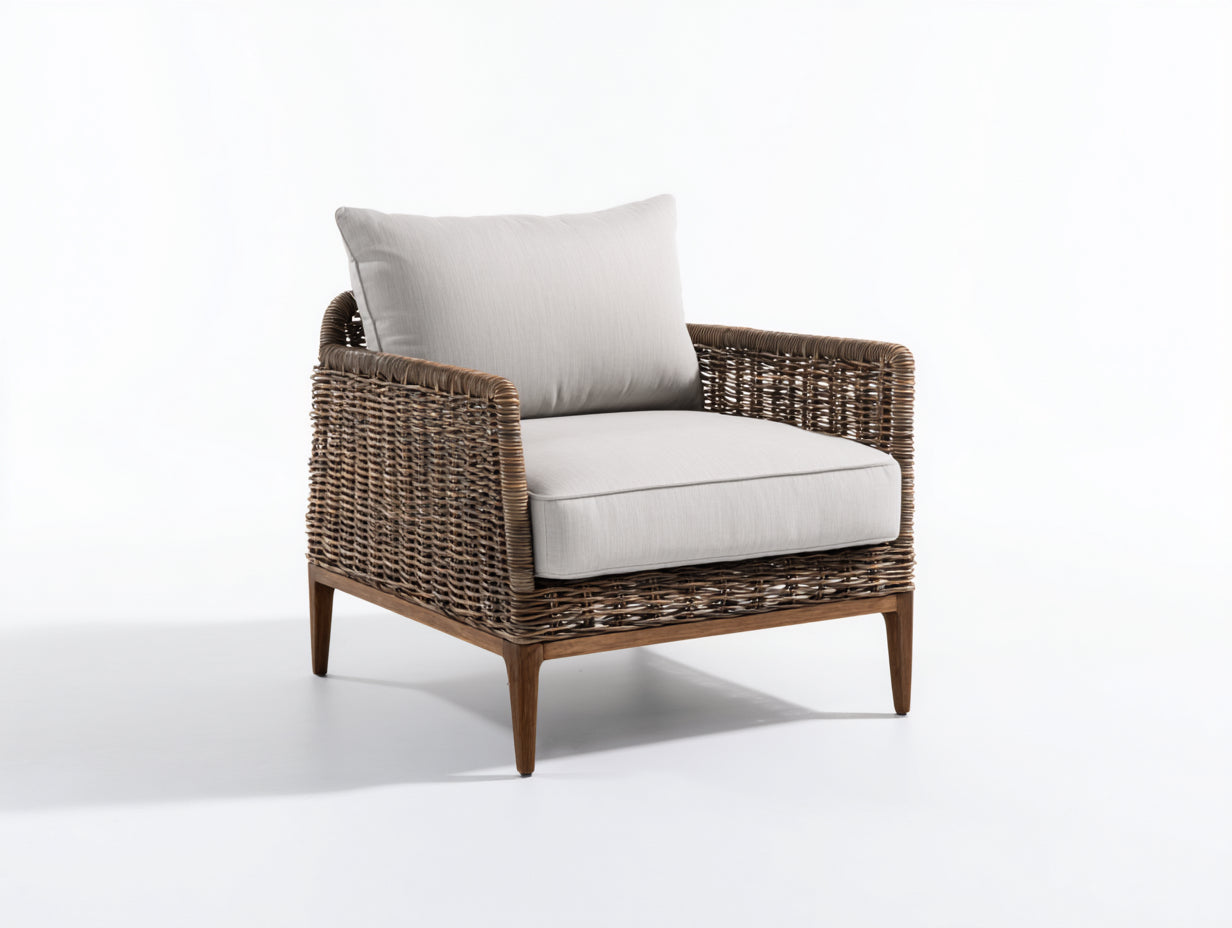 Fauteuil de jardin - rotin - bois - 86x80x82 cm - brun-gris clair - style contemporain
