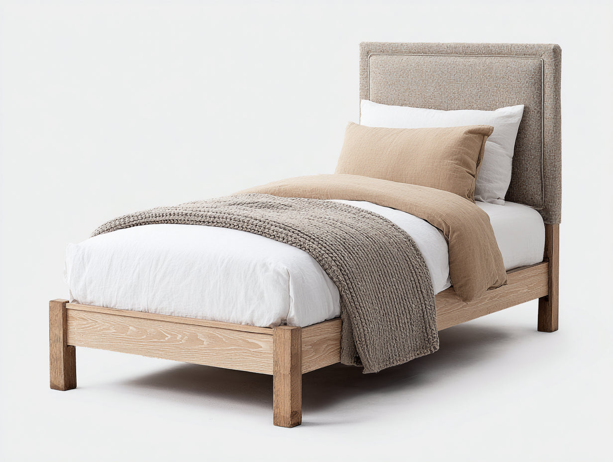 Lit simple - bois - tissu - 208x101x106 cm - bois clair-beige - style scandinave