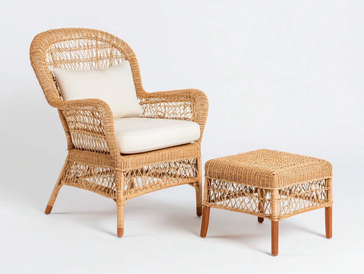 Fauteuil de jardin - rotin-bois-tissu - 82x78x112 cm - naturel-blanc - vintage