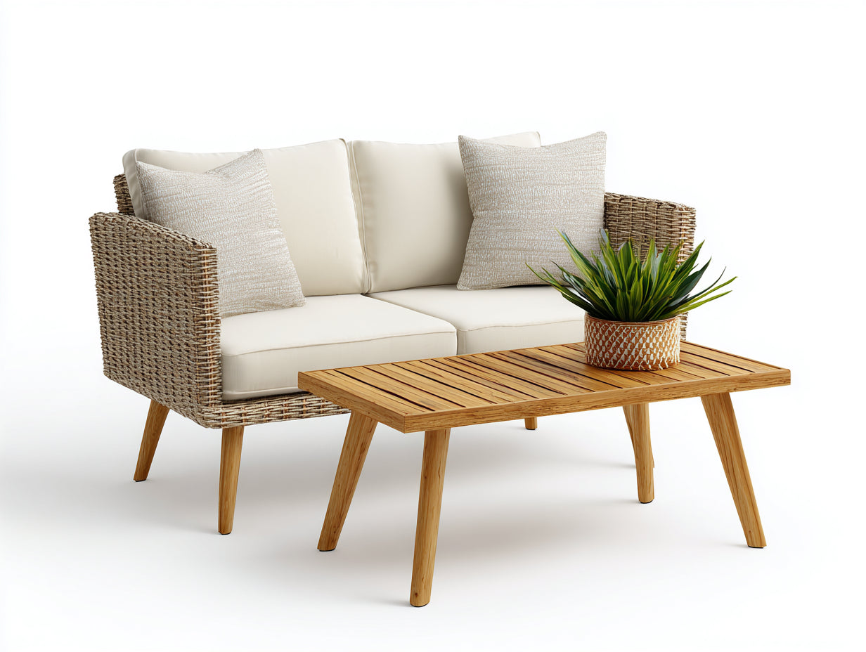 Canapé de jardin - résine tressée-bois-tissu - 148x84x82 cm - naturel-beige - scandinave