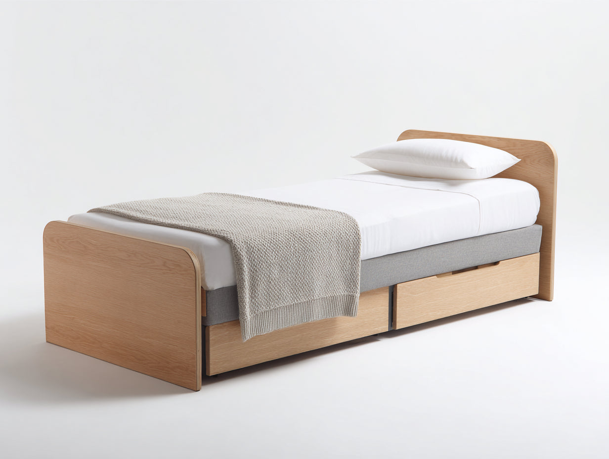 Lit simple - bois - tissu - 209x101x82 cm - bois clair-gris - style minimaliste