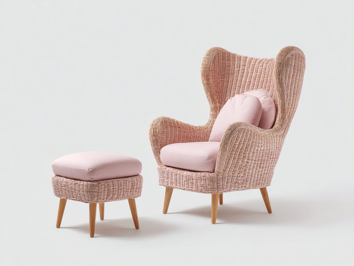 Fauteuil de jardin - rotin-bois-tissu - 88x82x118 cm - rose-naturel - vintage