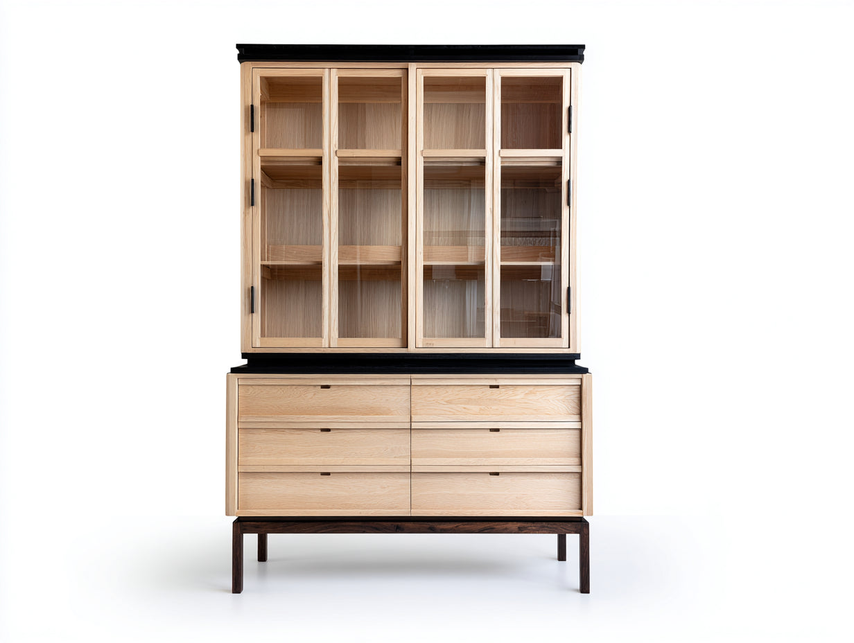 Vitrine - Bois-Verre-Métal - 132x45x198 cm - Naturel-Noir - Style contemporain