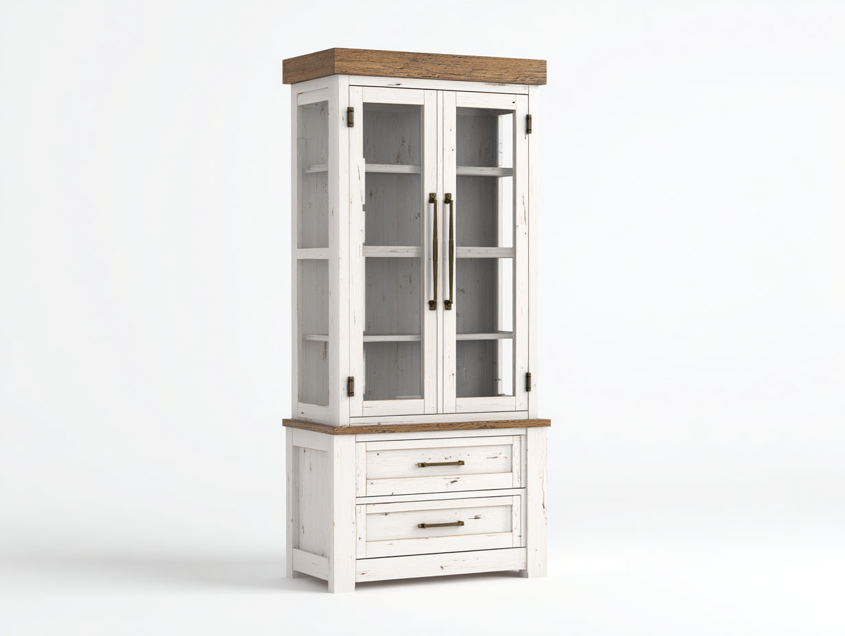 Vitrine - Bois-Verre-Métal - 72x42x190 cm - Blanc-Naturel - Style campagne