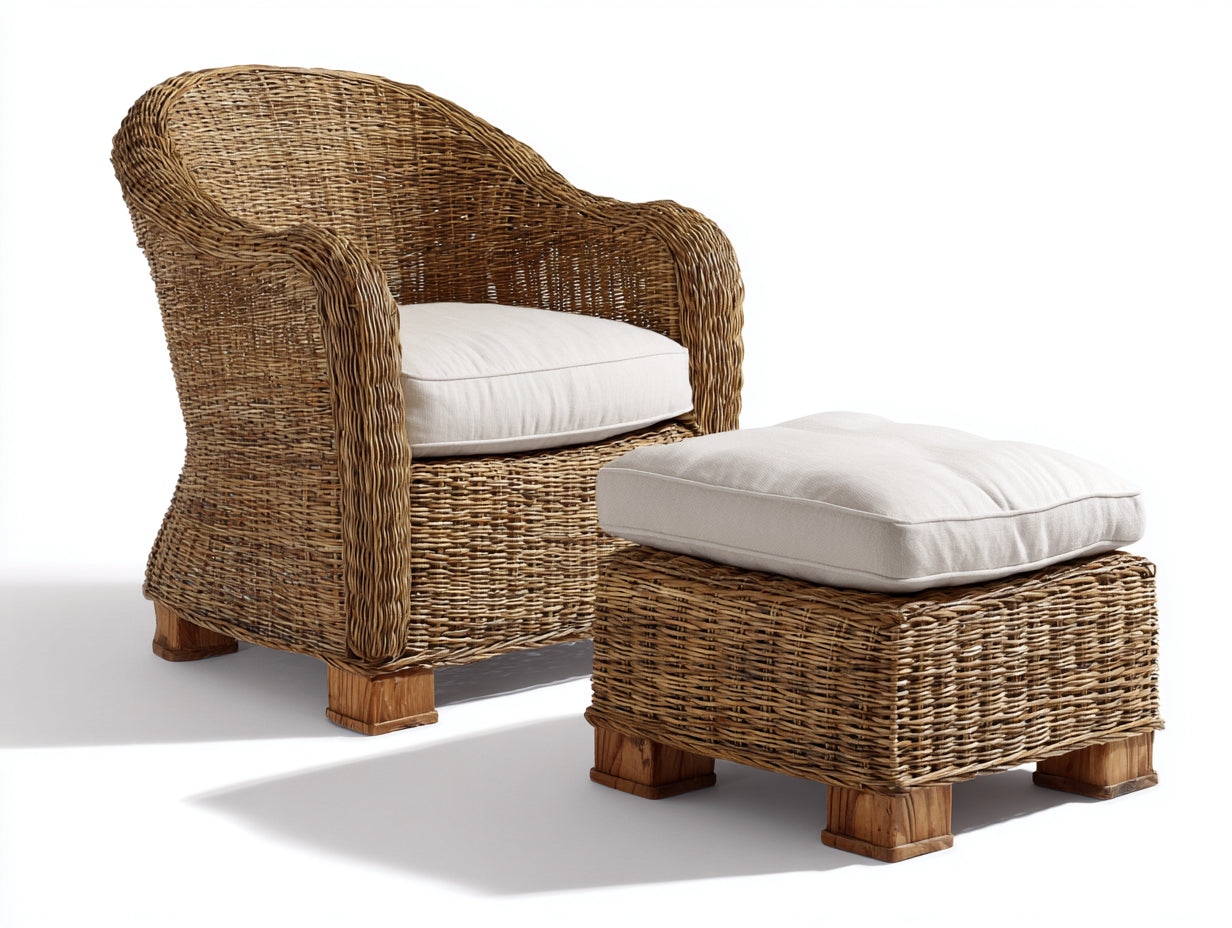 Fauteuil de jardin - rotin-tissu - 90x82x95 cm - naturel-beige - style rustique