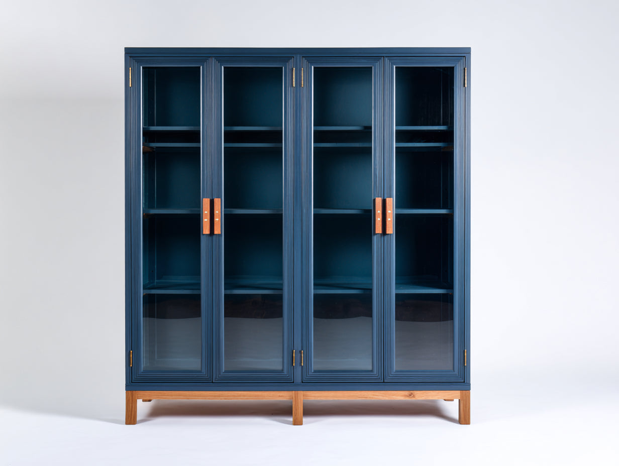 Vitrine - Bois-Verre-Métal - 150x43x190 cm - Bleu foncé-Naturel - Style contemporain