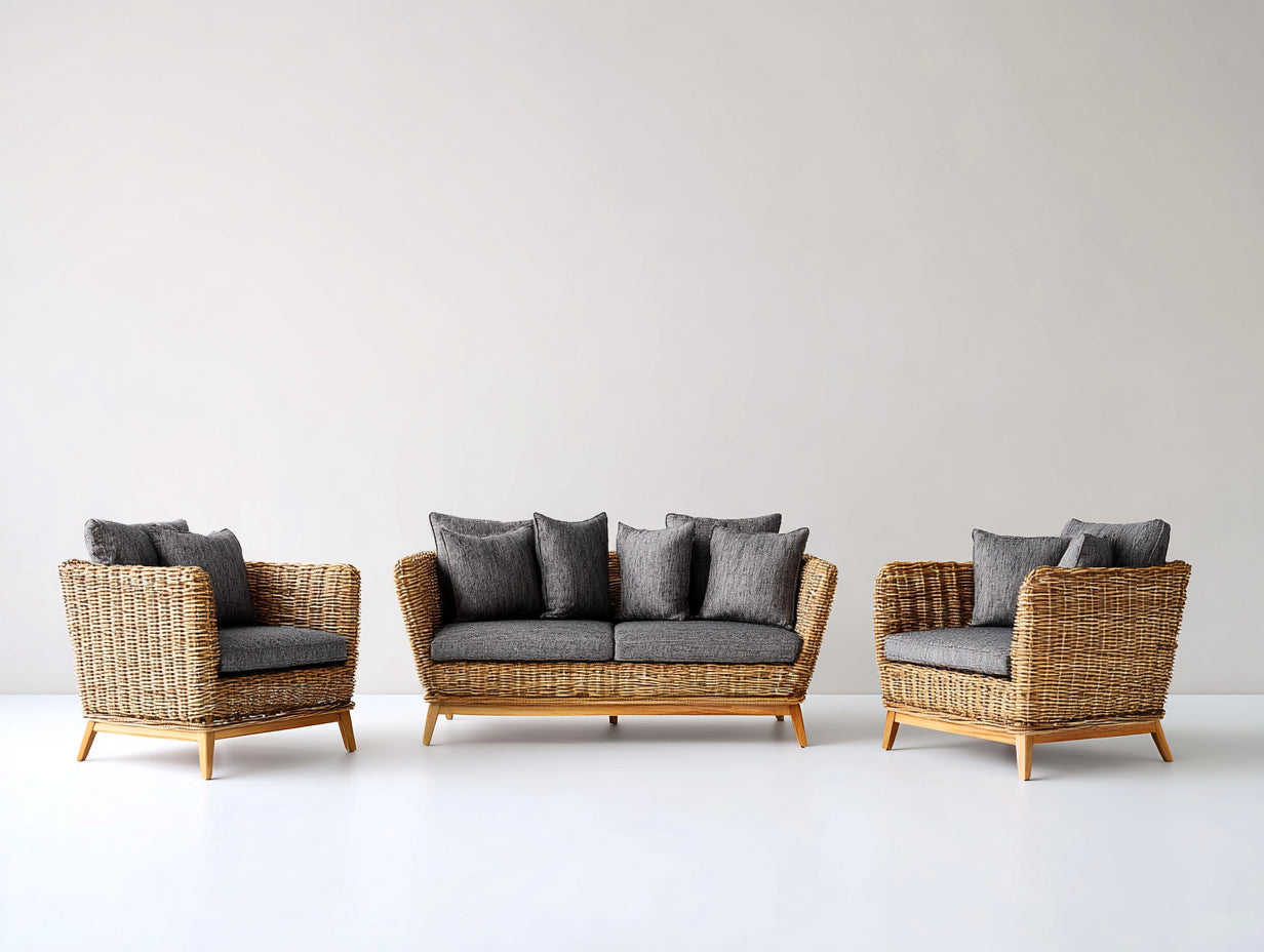Canapé de jardin - résine tressée-bois-tissu - 176x82x79 cm - naturel-gris foncé - contemporain
