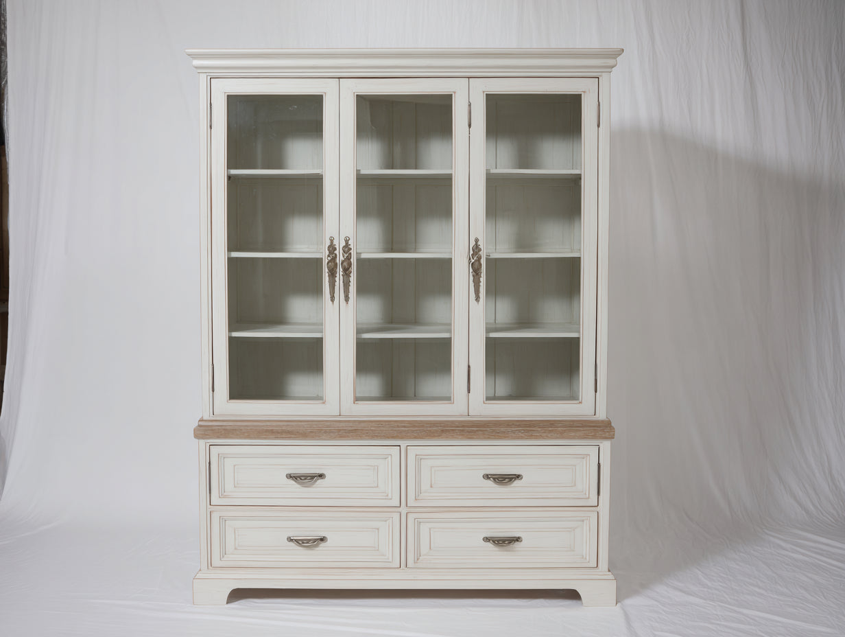 Vitrine - Bois-Verre-Métal - 126x45x215 cm - Blanc-Naturel - Style campagne