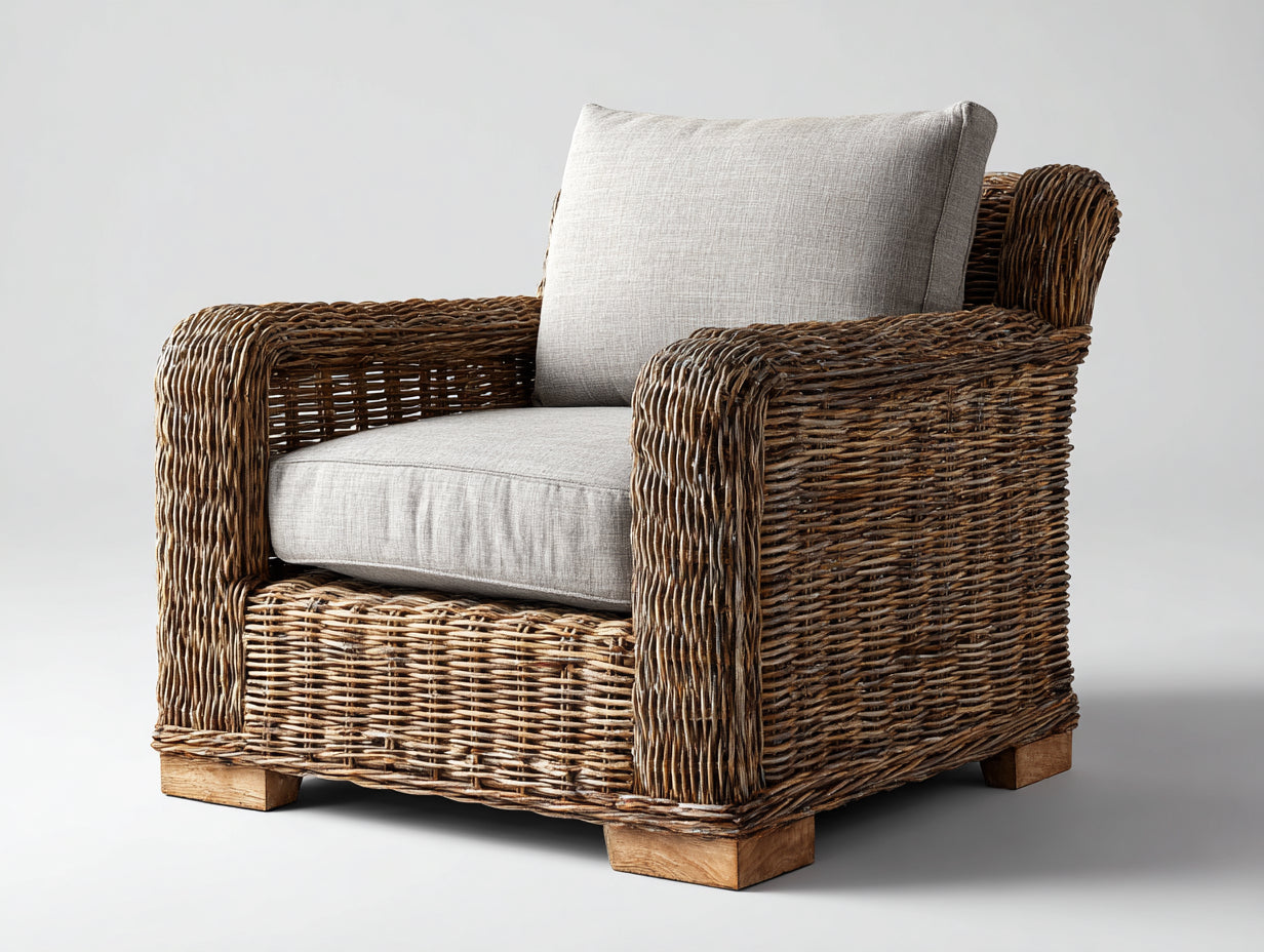 Fauteuil de jardin - rotin - bois - 90x84x78 cm - brun-gris clair - style rustique