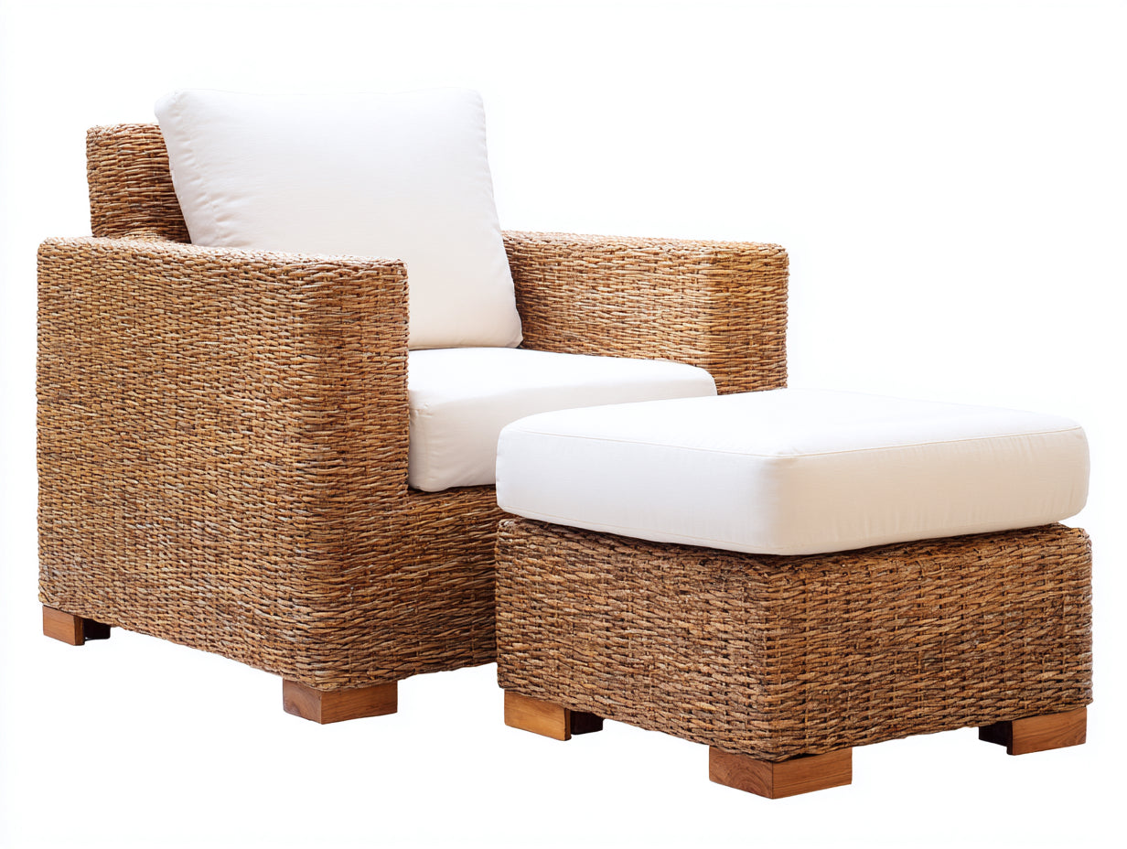 Fauteuil de jardin - rotin-bois-tissu - 84x82x88 cm - naturel-blanc - rustique